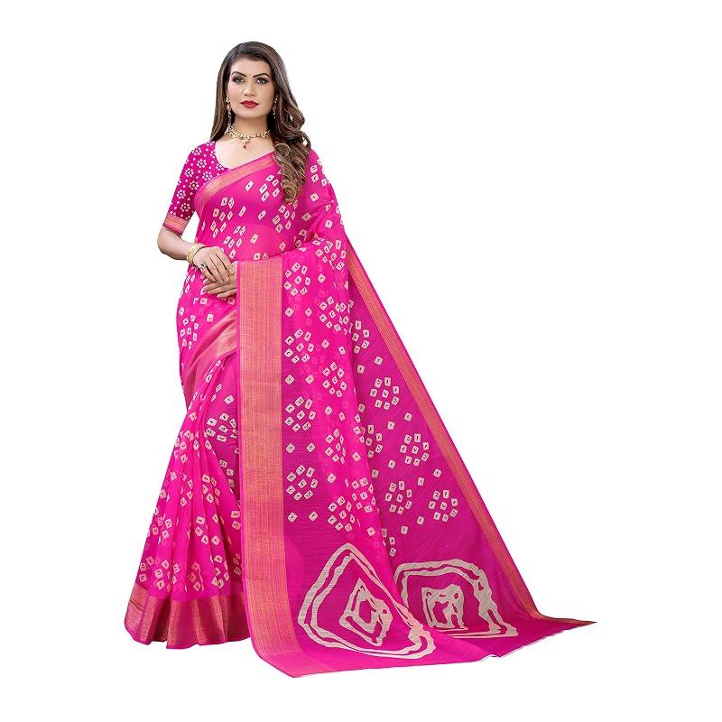 Yashika Women' Printed Linen Zari Saree With Blouse PieceRADHIKA PINK_Free