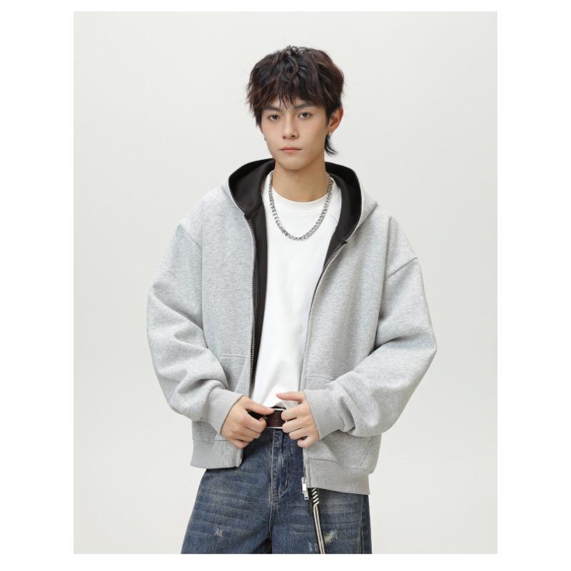 Men Heavy Weight American Color Block Loose Hooded Long Sleeve Zip Up Casual Hoodie Jacket