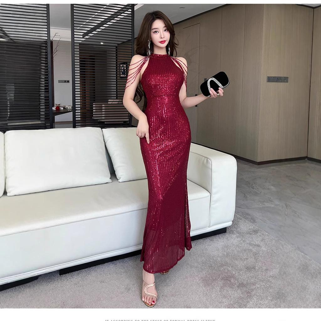 Toast dress burgundy new fishtail slim long bridal wedding engagement banquet evening dress femininity
