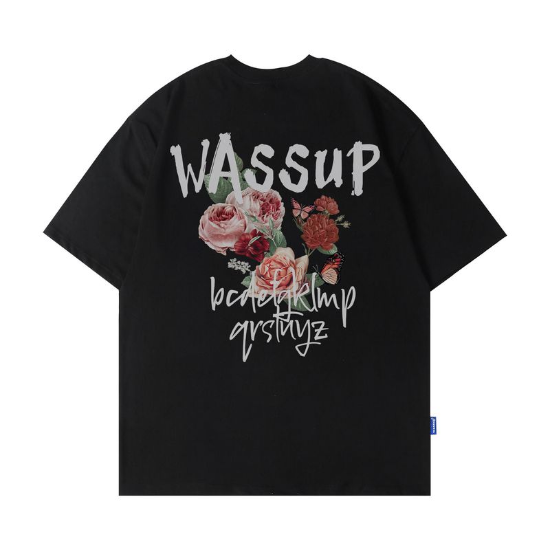 Wassup Heods Rose Letter Short-Sleeved Men's Summer 2024 New National Fashion Brand Casual Couple Half-Sleeved Top