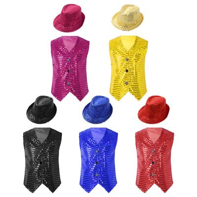 Kids Show Costumes Sequined Vest Waistcoat with Hat Set Boys Girls Dance Party Perform Modern Dancewear