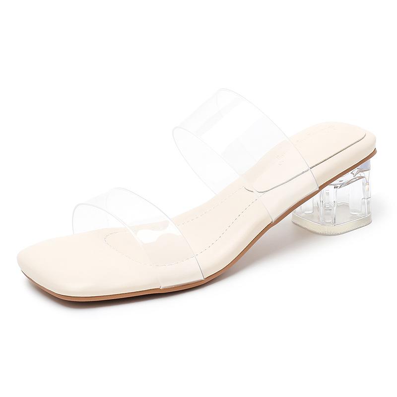 

Stepping on shit~ leather transparent sandals high heels women s one-word drag thick heel Chinese and foreign slippers summer crystal is beautiful 35