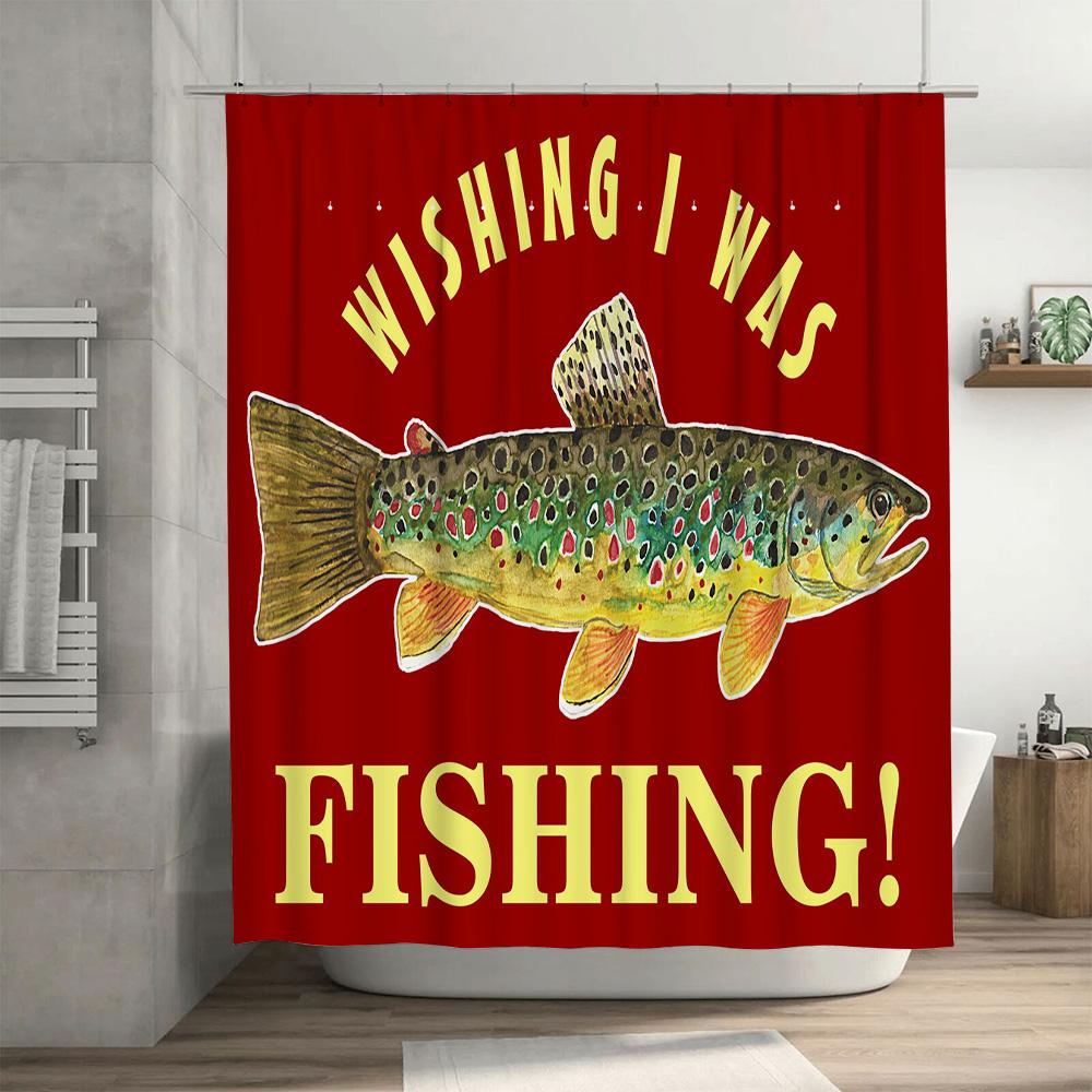 Red Shower Curtain with Golden Fish Design for Bathroom Decor Wishing I Was Fishing
