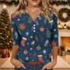 Women's Casual Christmas Print V-Neck 3/4 Sleeve T-Shirt Top with Decorative Buttons