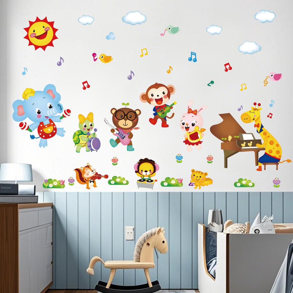 Cartoon Animal Wall Sticker Music Party Plane Balloon Decor Kids Room Nursery Vinyl Removable Decals