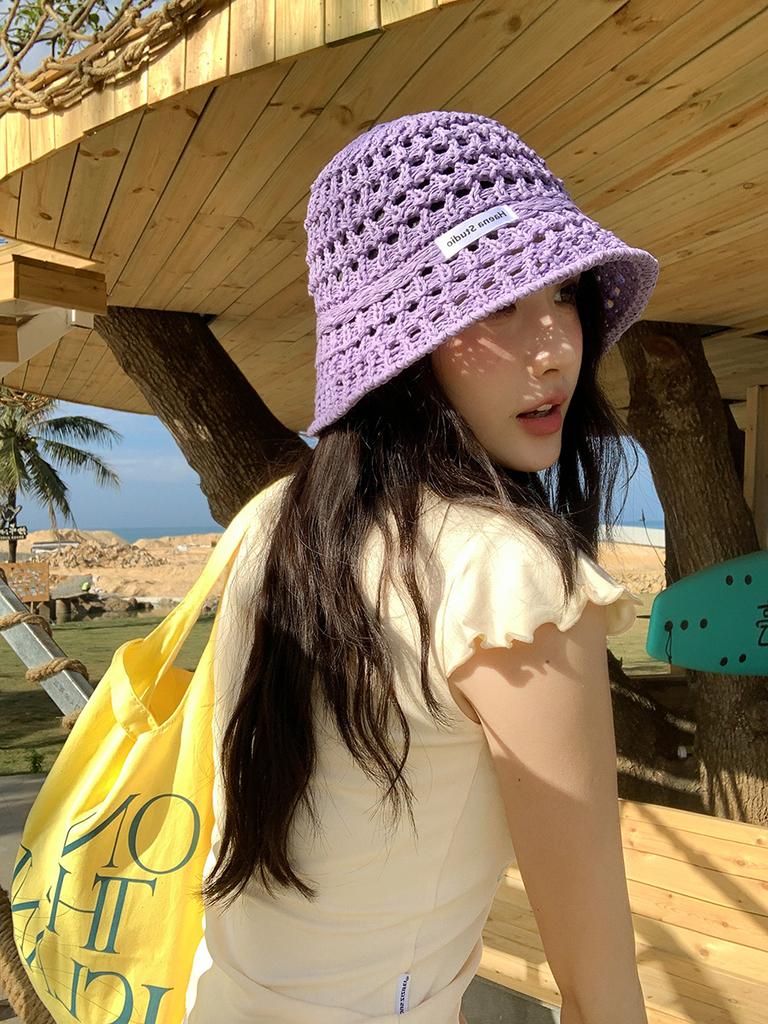 Hollow straw hat women's summer bucket hat sunshade sunscreen hat straw woven basin hat show face small bucket hat