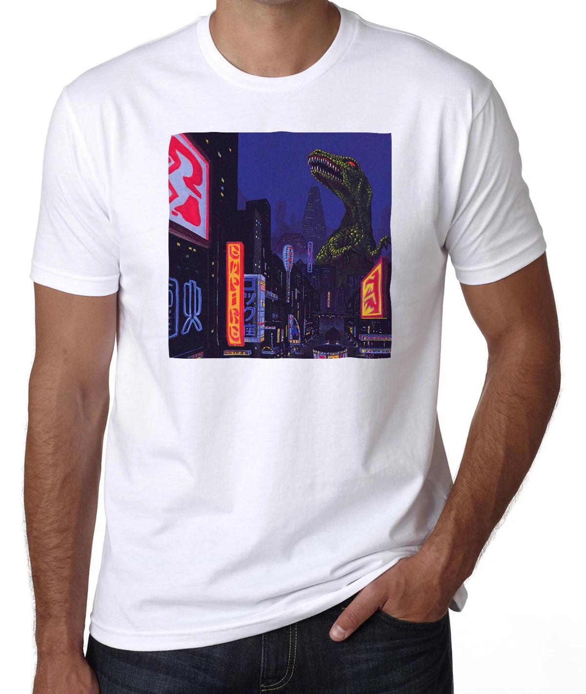Vaporwave Dinosaur Attacking City Japanese Godzilla Printed Cotton  T-shirt 120