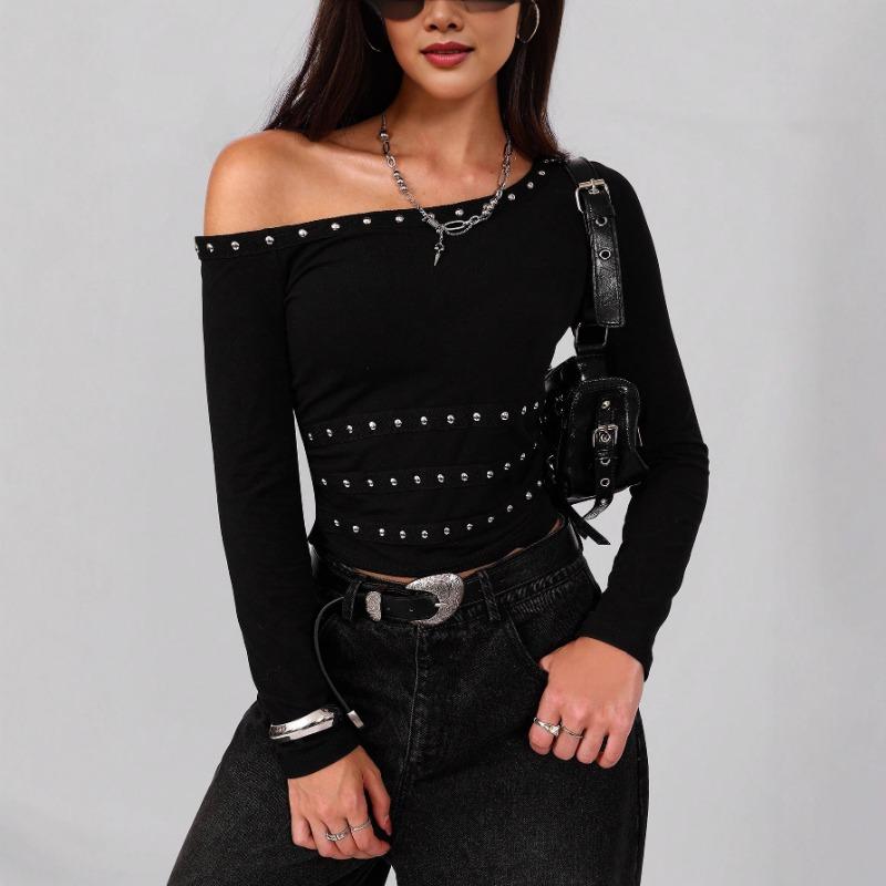 Women s Asymmetric Off-Shoulder Studded Long Sleeve Fitted Top S чёрный