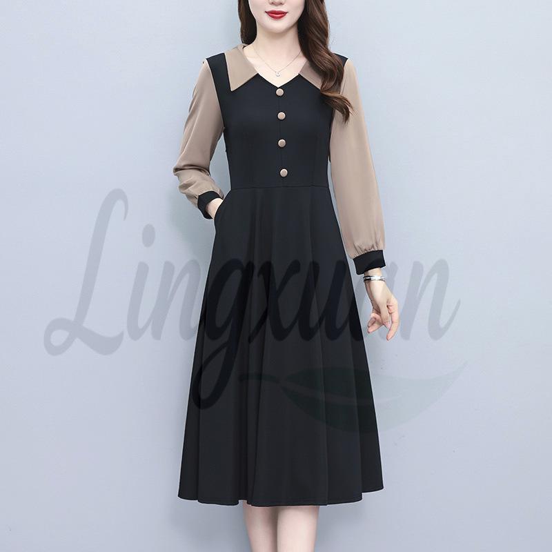 

Plus Size Women s Contrasting Color Long-Sleeved Slim Fit Dress for Spring/Autumn 2XL чёрный