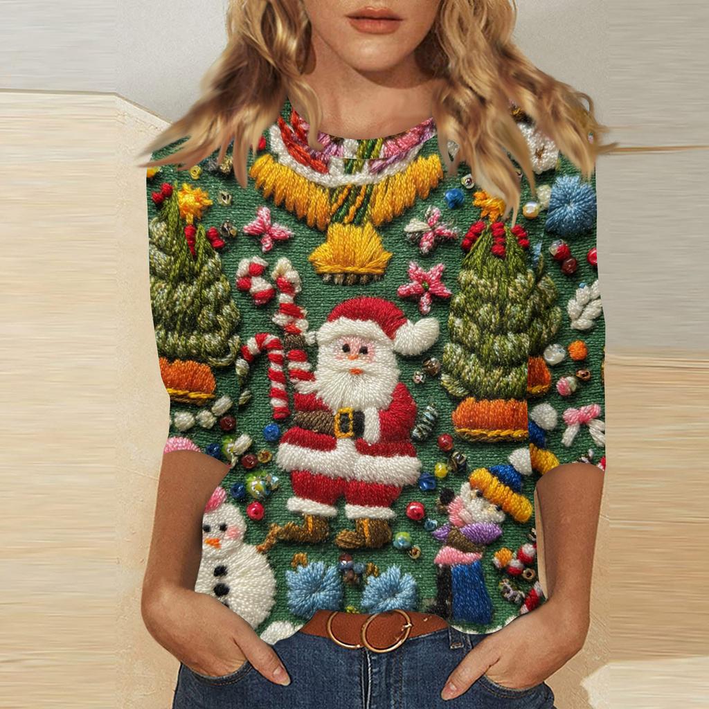Women's fashionable casual three quarter sleeve Christmas printed round neck top
