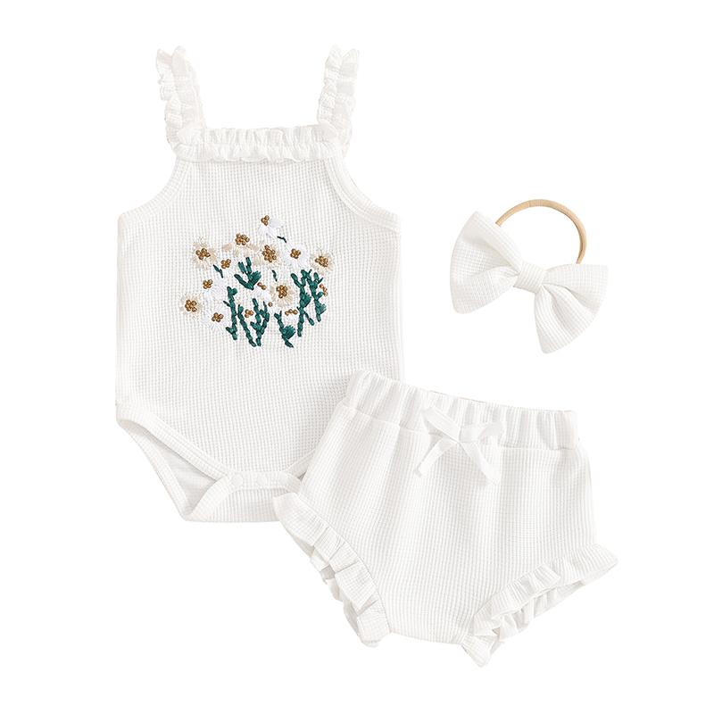 

Baby Girl Summer Outfits Waffle Flower Embroidered Sleeveless Romper Ruffles Shorts Headband 3Pcs Clothes Set 60 белый