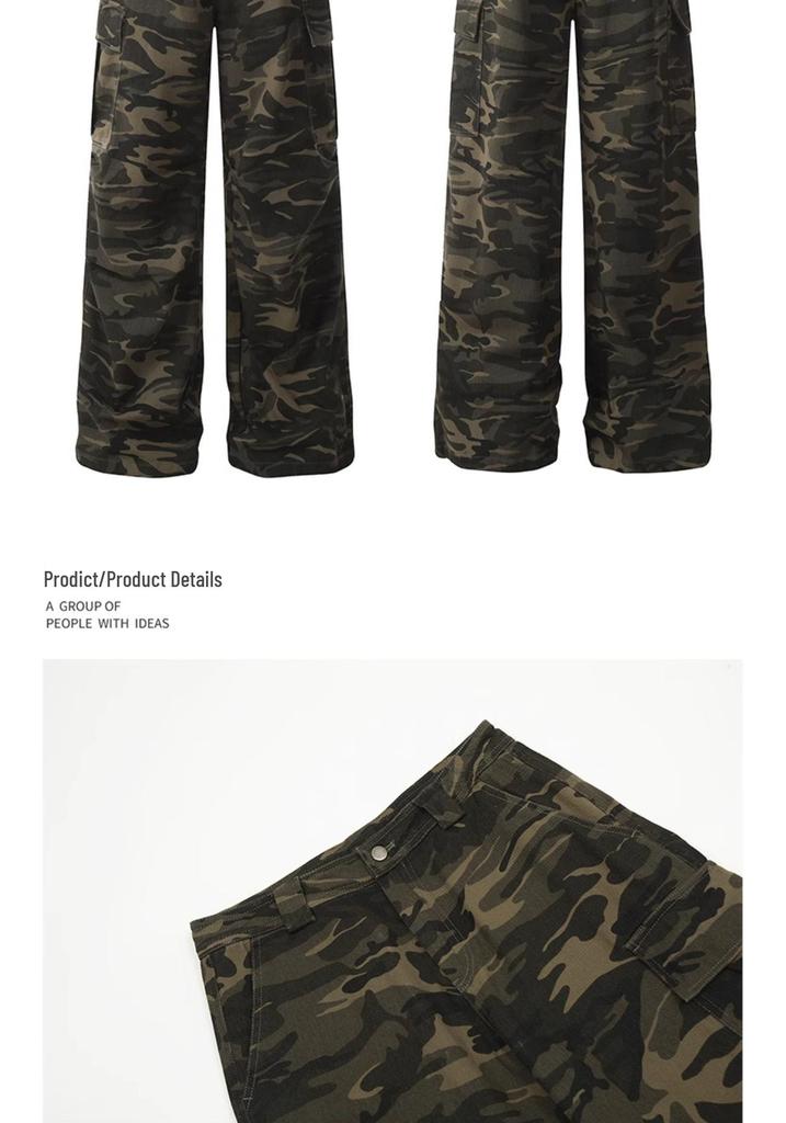 Unisex Vintage Washed Camo Wide-Leg Work Pants with Multi-Pockets