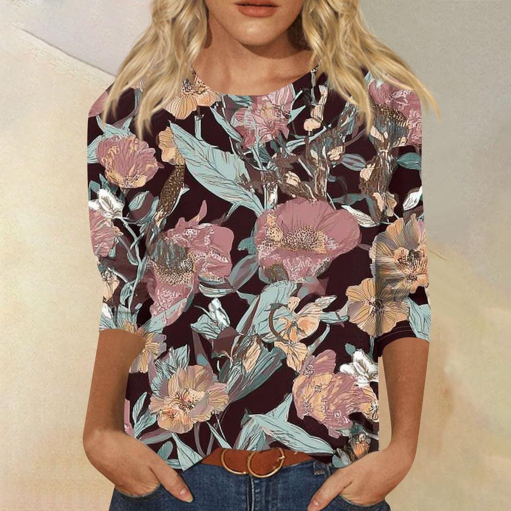 Damenmode Lässiges T-Shirt mit Rundhalsausschnitt und Dreiviertelärmeln und Aufdruck