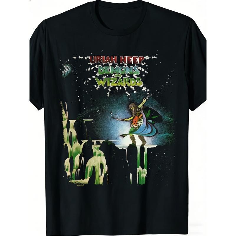 T-shirt Unisex Nera Uriah Heep Demons And Wizards Stampa Copertina Album Regalo per Fan di Musica 100% Cotone Alla Moda Casual