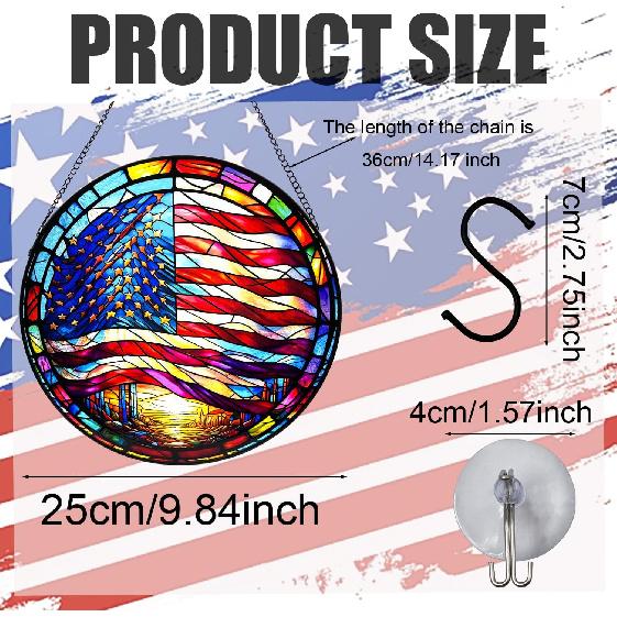 LOTIKOU 9.84'' American Flag Glass Window Hanging, Flag Stained Glass Window Panel, American Flag Glass Window Panel for Home Office Outdoor Decor