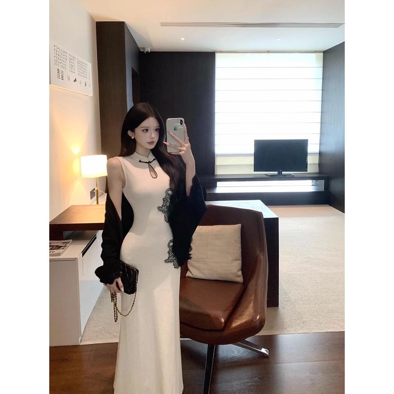 Kumikumi New Chinese Style Suit Lace Lace Inverness Women's Autumn Cut Out Stand Collar Cheongsam Dress Two-piece Set