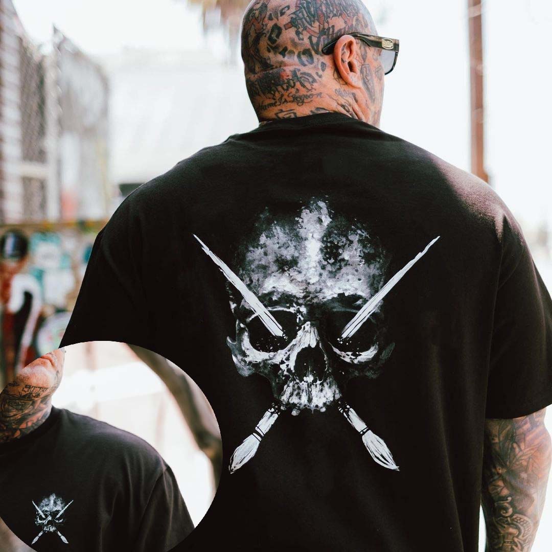 

2026 New Trending West Coast Gangster Piercing Skull Print Men s and Women s Short Sleeve Loose Plus Size Crew Neck T-Shirts S разноцветный
