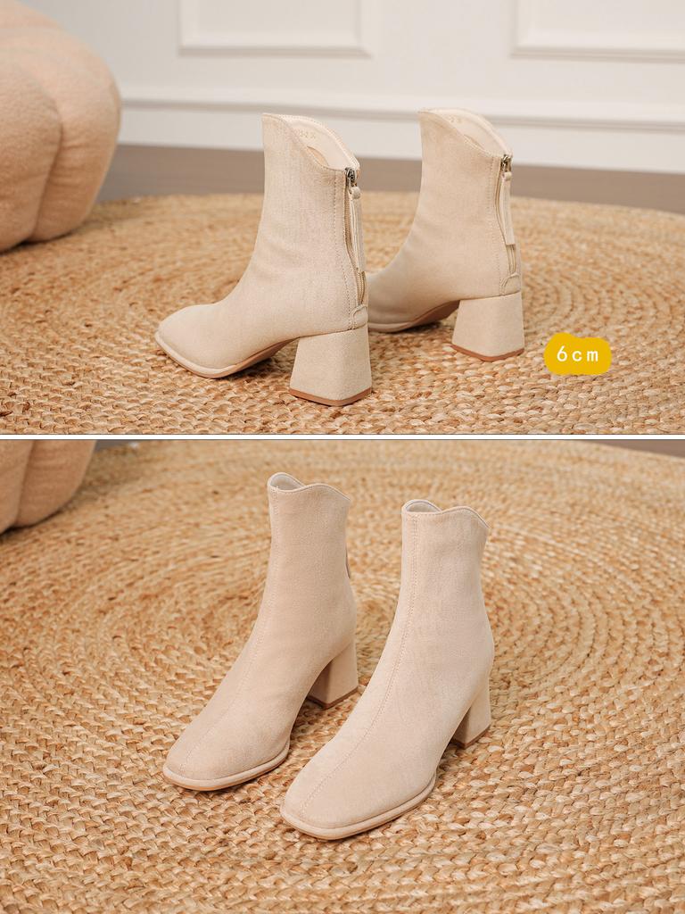 Autumn and winter nude suede short boots women's thick heel small high heel diagonal boots rear zipper square head Martin boots 6cm