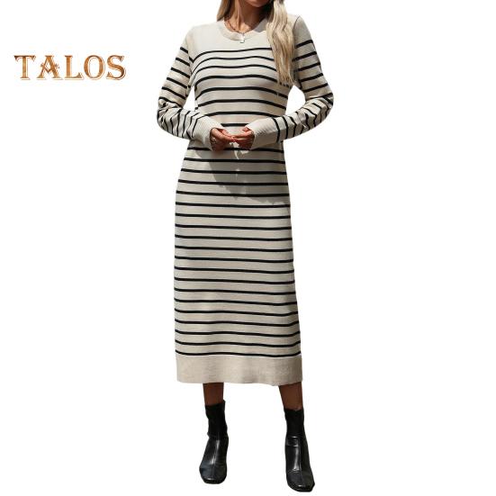 

Платье женское осень-весна с круглым вырезом, полосатым принтом, облегающим кроем, длинными рукавами, длиной до середины икры, трикотажное платье миди для свиданий и поездок на работу S абрикосовый