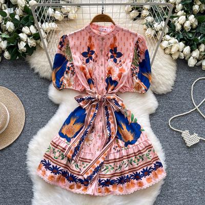 Sommer Damen Stehkragen Puffärmel Einreihig Spitze Patchwork Druck Mini Kurze Partykleider