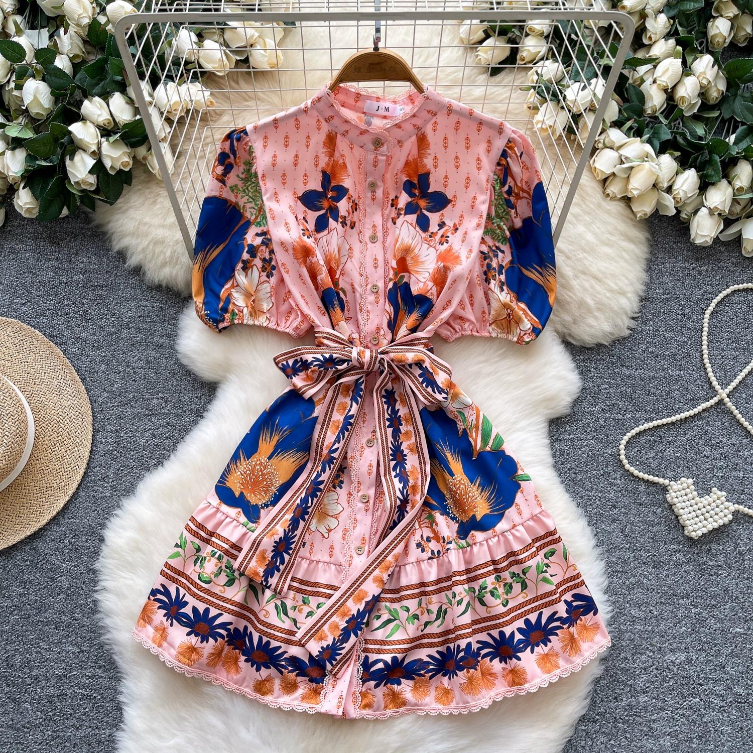 

Summer Women Stand Collar Puff Sleeve Single Breasted Lace Patchwork Print Mini Short Party Dresses M розовый