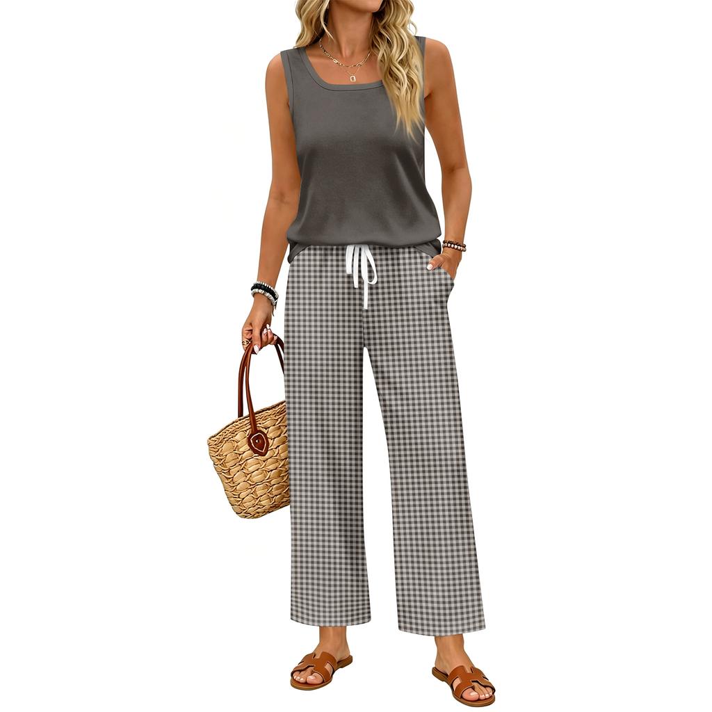 Ärmelloses Tanktop und karierte Weitbein-Hosen-Set für Damen Leichtes zweiteiliges Outfit Geeignet für Reisen, Urlaub und Freizeit zu Hause