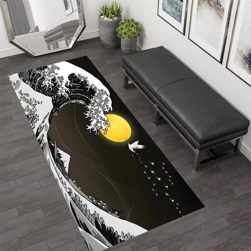 

Japanese Illustration Style Runner Rug Ocean Wave Cherry Blossom Pattern Home Decor Carpet Non-Slip Soft Mat for Living Room 40X120CM