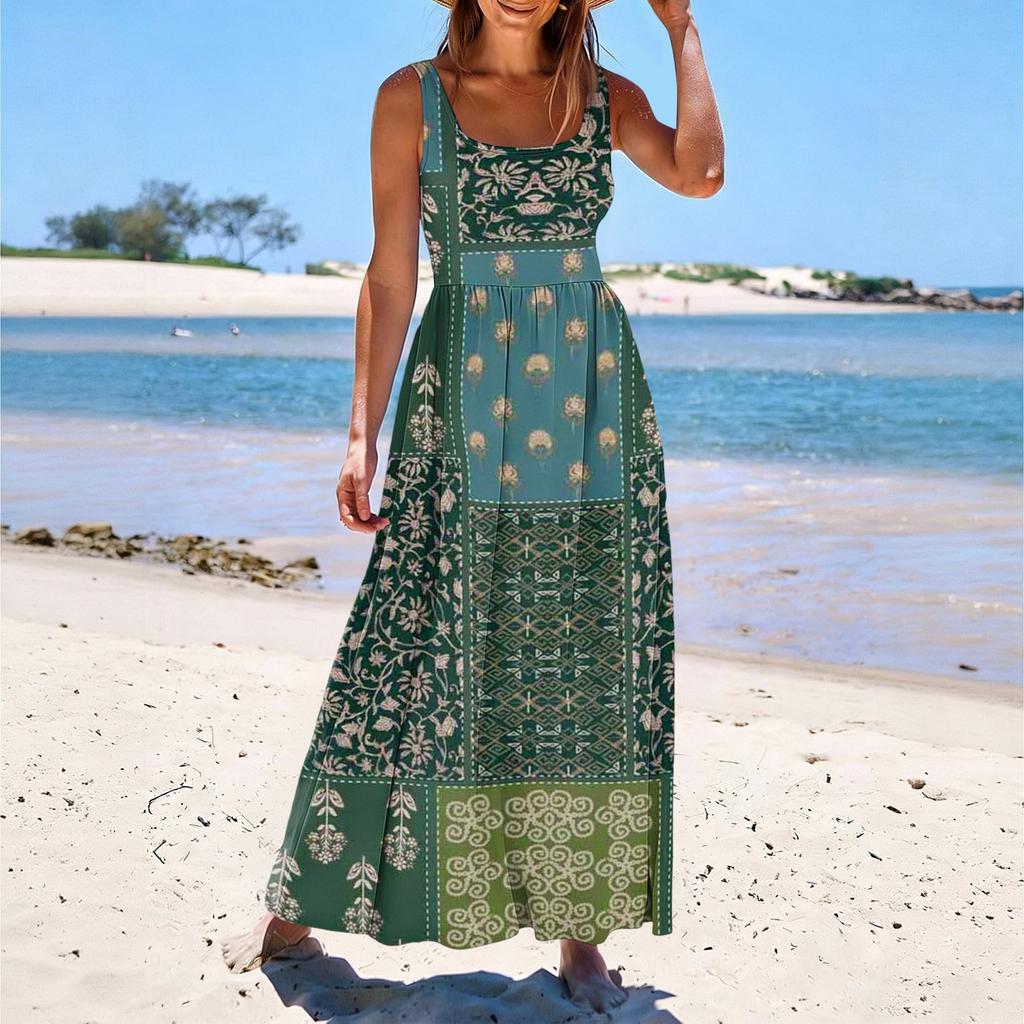 Ladies' floral print summer casual and fashionable sleeveless long dress