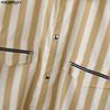 INCERUN S-5XL Men Lapel Neck Short Sleeve Striped Print Casual Oversized Cropped Tops Shirts