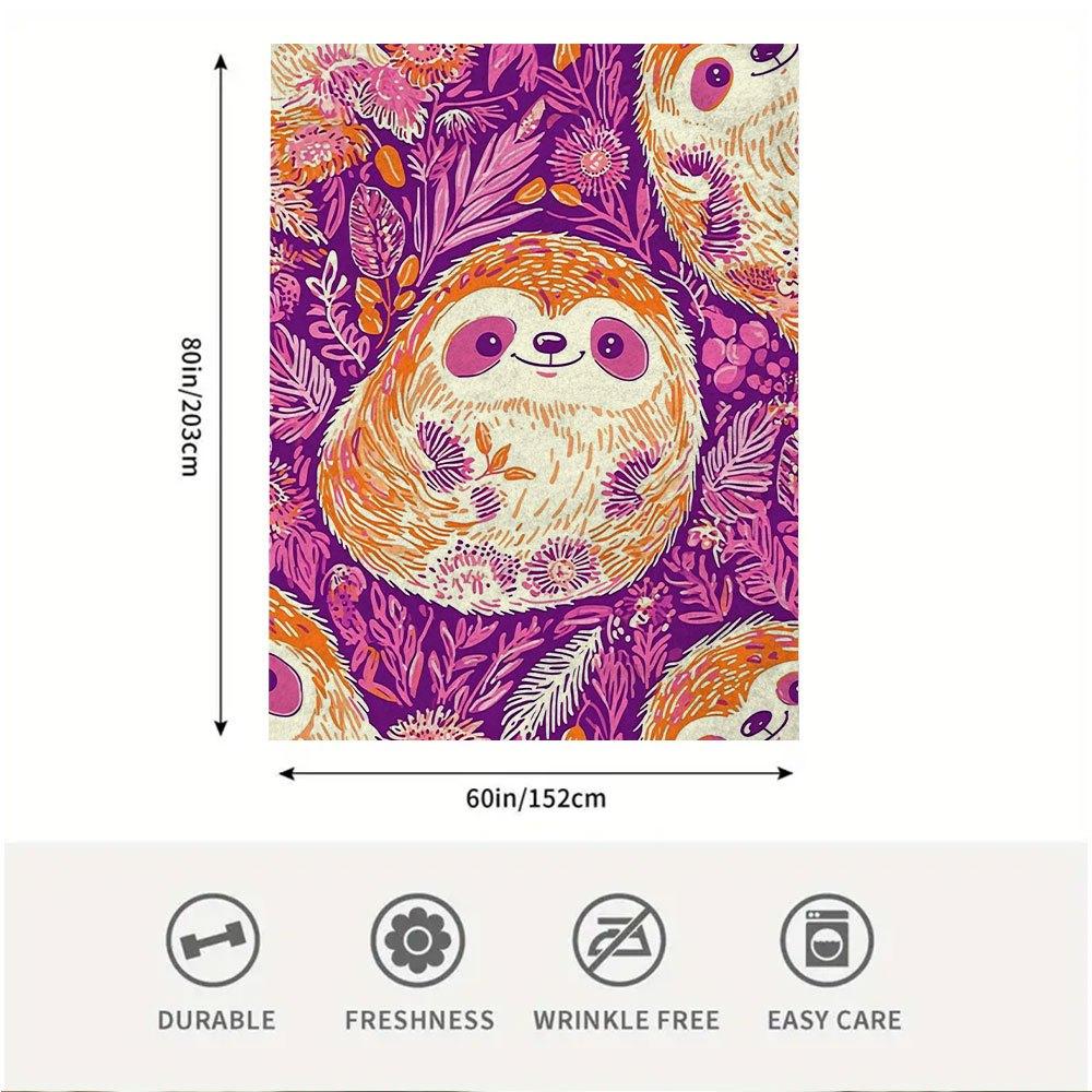 1pc 60x80 Inch Retro Sloth & Floral Print Blanket - Soft 100+ Thread Count All-Season Throw for Bedroom, Living Room, Office