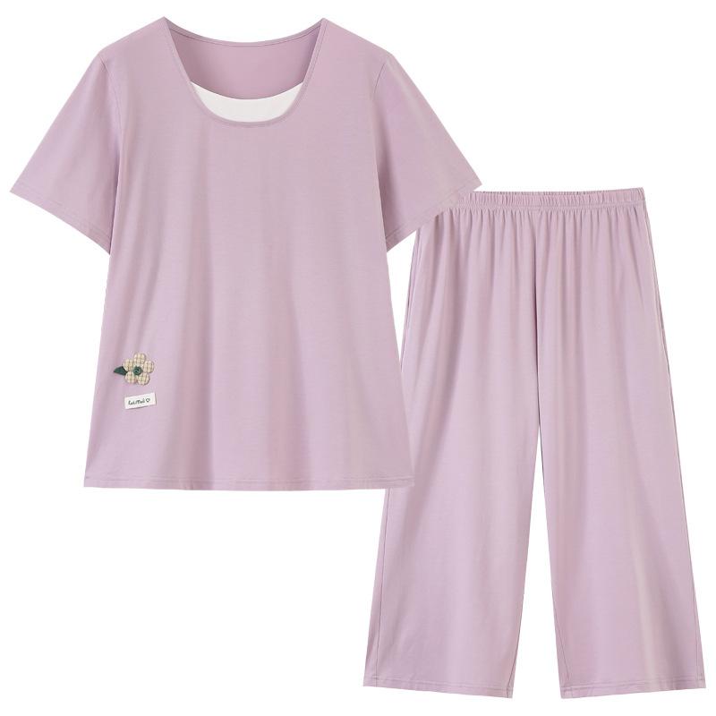 Pajamas Women's 1011 New Summer Women's Modal Cotton Short-sleeved Fake Two-piece Cropped Pants Show Wan Loungewear Summer