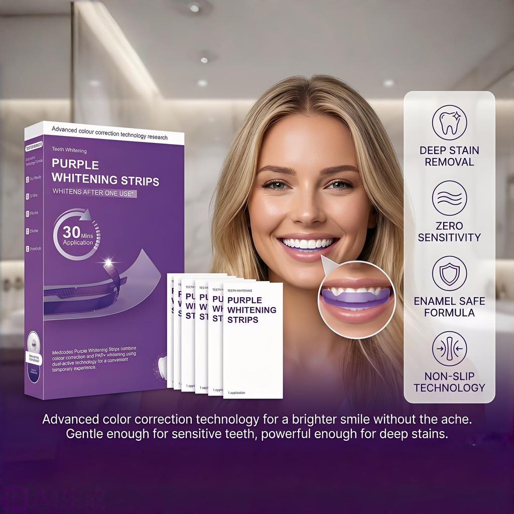 V34 Gentle Bright Purple Teeth Whitening Strips - Easy To Use & Comfortable, Removes Yellowing for a Clean Smile.