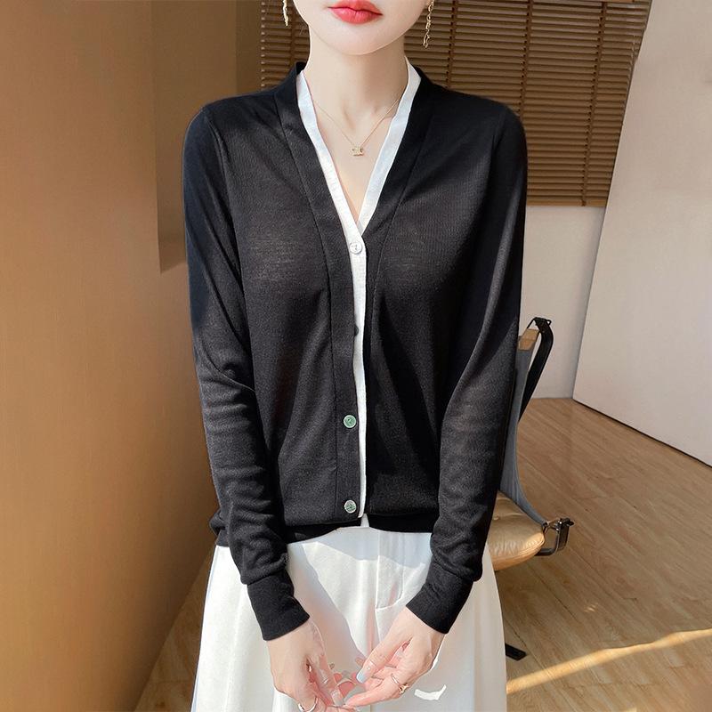 2025 Spring/Summer Colorblock V-Neck Fine-Knit Cardigan – Long Sleeve, Loose Fit, Versatile Two-Piece Top
