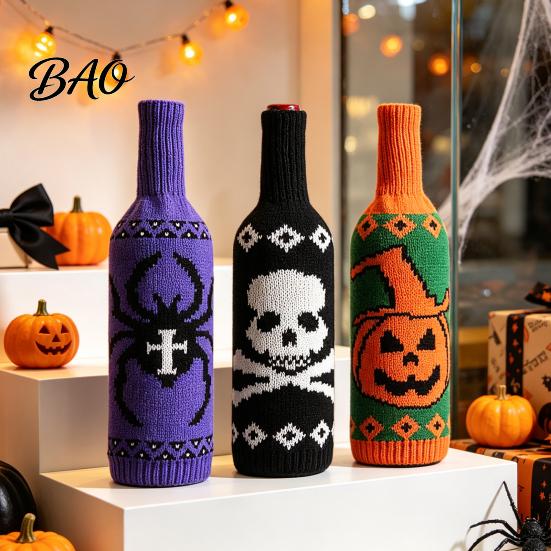 Wine Bottle Protector for Halloween Sweater, Reusable Knitted Champagne Cover, Pumpkin Skull Decorative Cover Spider Pattern Sleeve Decoration Dining