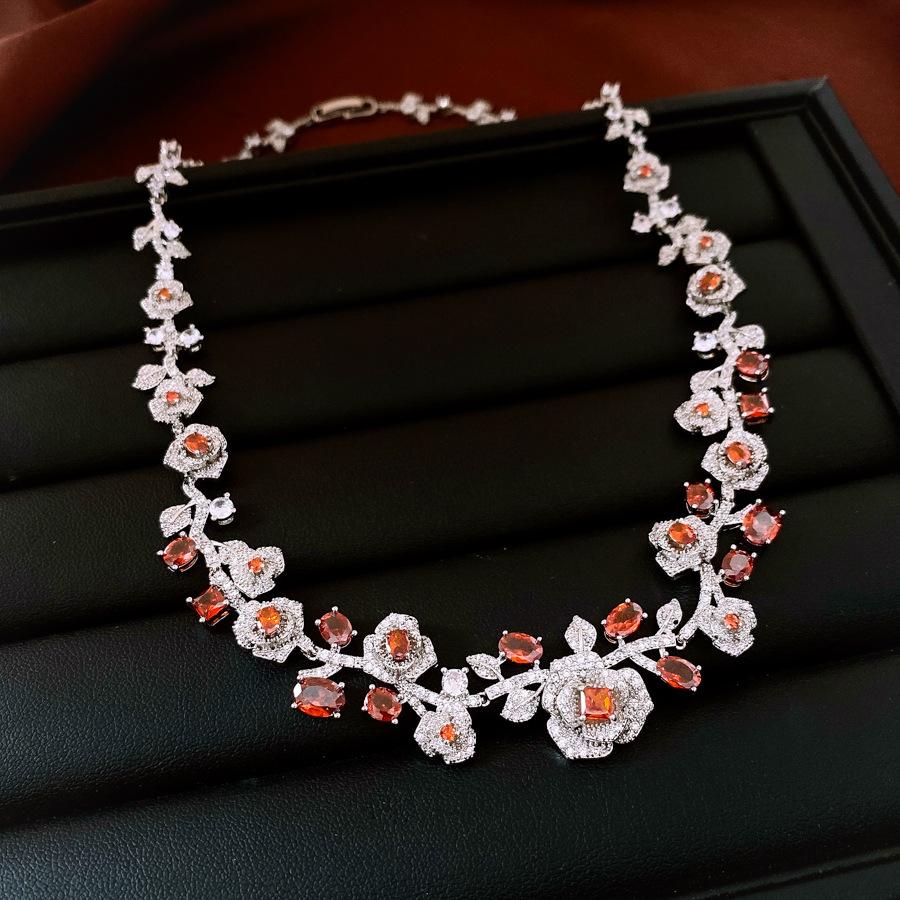 Retro Style Zircon Rose Earrings Necklace Court Style Exquisite Collarbone Chain Light Luxury Niche Jewelry Set