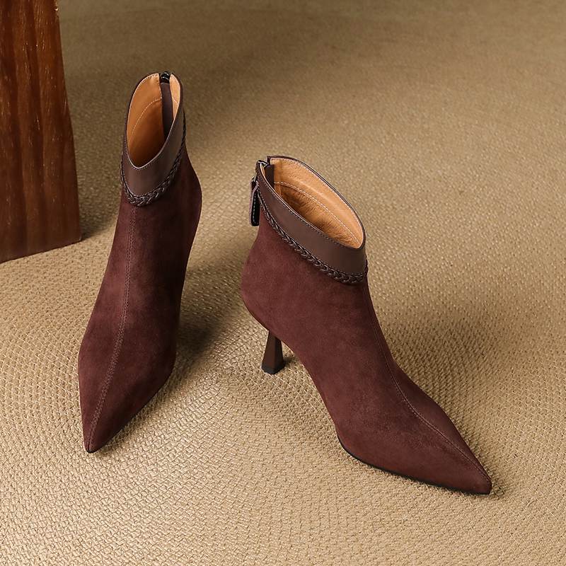 Krazing Pot Sheep Suede Autumn Winter Shoes Stiletto Thin High Heels Big Size 40 Modern Boots Pointed Toe Keep Warm Zip Ankle Boots