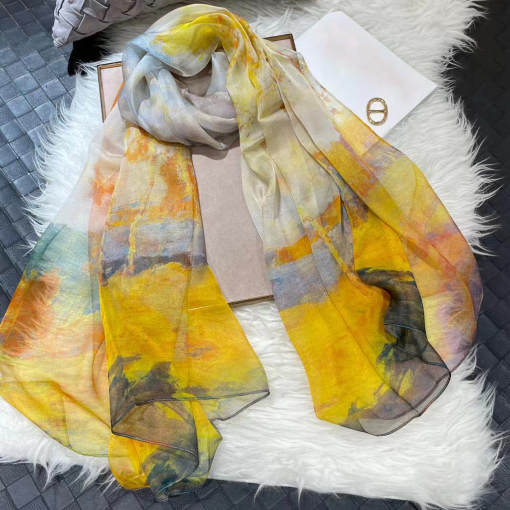 [Bysifa] Green Yellow 100% Silk Chiffon Scarf Fall Winter  Long Scarves Elegant Ladies Summer Beach Shawl Cover-Ups Foulard