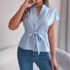 Camicia da Donna a Maniche Corte in Chiffon con Scollo a V Bottoni Camicia Modelli con Cintura Temperamento Elegante Top