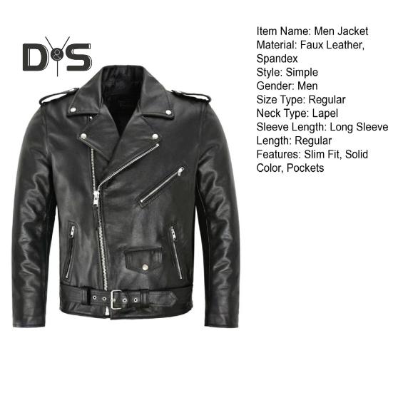 Men Jacket Slim Fit Faux Leather Solid Color Coat with Diagonal Zipper Belt Adjustment Windproof Coat