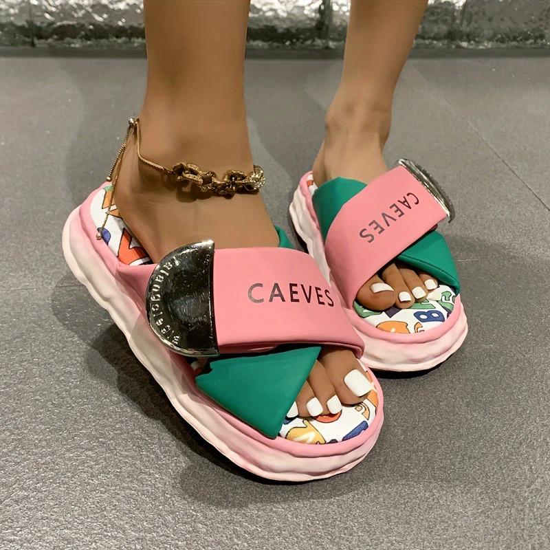 Women's Cute Cartoon Platform Slide Sandals - Open Toe, Thick Sole, PU Cover, All-Season Fashion Shoes