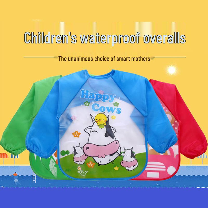 Vattentät vändbar tecknad förkläde och haklapp för barn: Oljesäker för ätande och förskoleaktiviteter