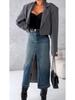 High Waist Washed Denim Slit Skirt - Slim Fit, Mid-length Retro Style for Women