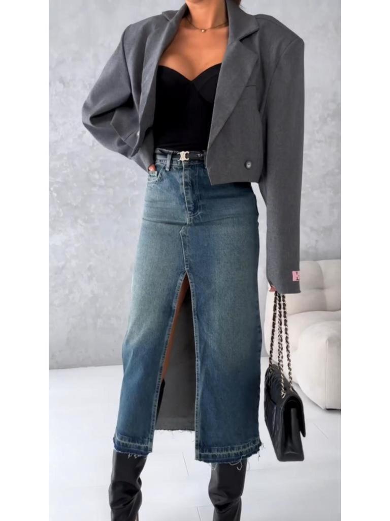 High Waist Washed Denim Slit Skirt - Slim Fit, Mid-length Retro Style for Women