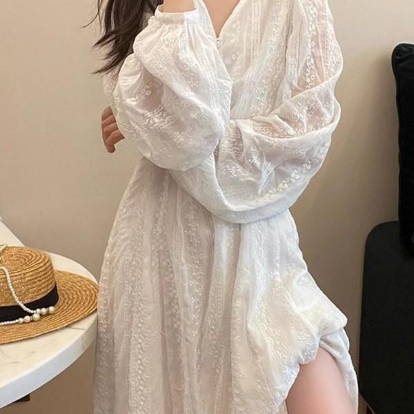 Floral Long Sleeve Dress With Embroidery For Vacation And Casual Wear