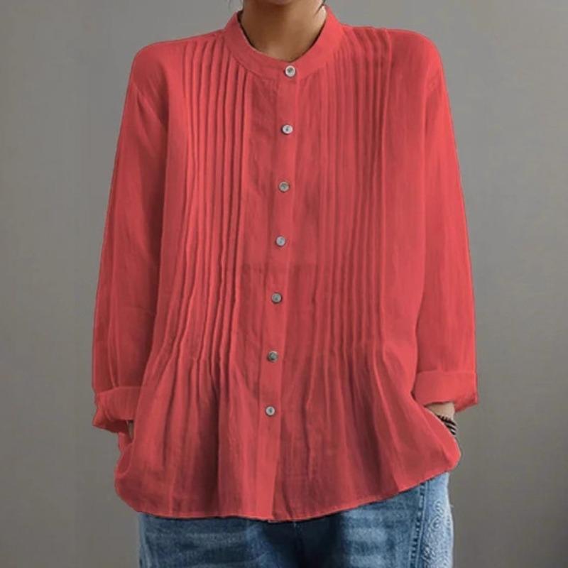 Cotton Linen Stand Up Collar Shirt Women's Solid Color Pleated Fashion Versatile Cardigan Temperament Tops