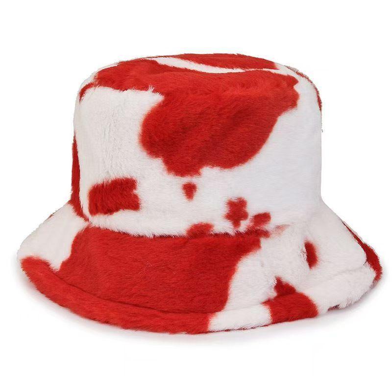 Black and white cow pattern bucket hat autumn and winter plush warm shopping versatile basin hat