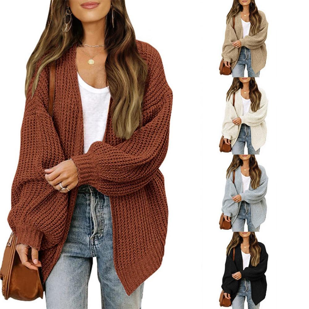 Women's New Autumn/Winter Bell-Sleeve Sweater Women's Outerwear Chunky Knit Pocket Cardigan