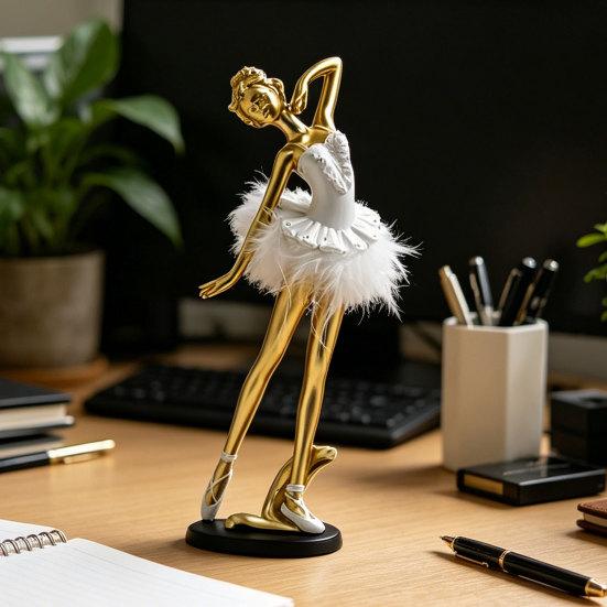 Resin Ballet Girl Figurine,  Modern Ballerina Dancer Statue with Feather Skirt, Gold Silver Metal Line Art Ornament, Cute Desktop Accessories for