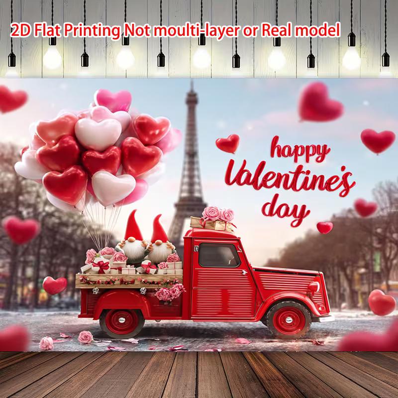 2D Flat Printing  Happy Valentine s Day  with Red Truck & Gnomes Backdrop 47.2x31.5inch/120*80cm