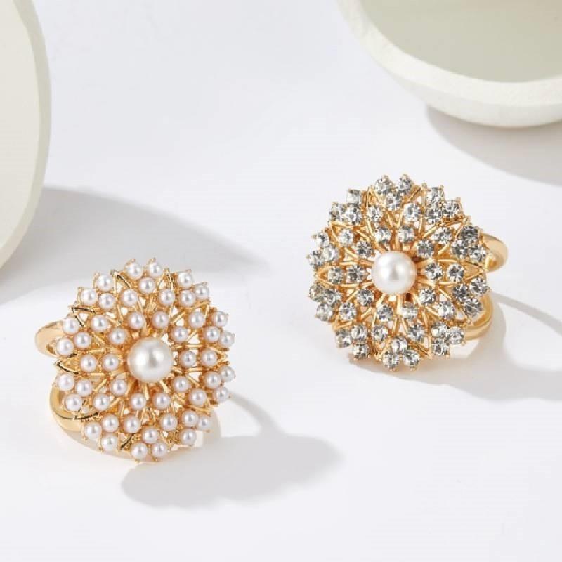 Trendy Pearl Studded Floral Scarf Ring Elegant Alloy Jewelry For Ladies